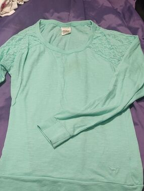 PINK Victoria's Secret Mint Lace-Shoulder Long Sleeve Sweatshirt
